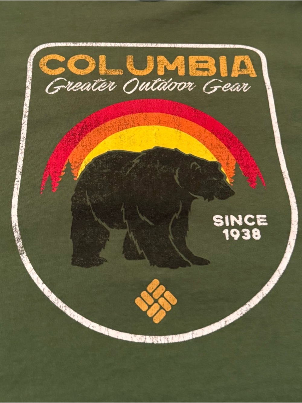 Columbia Olive Green Bear Graphic Tee with Retro Rainbow